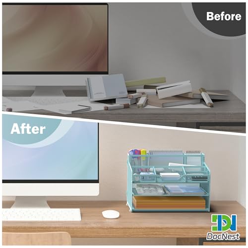 Docnest 3 Tier Mesh Desk Organizer for Paper Office Supplies – Multi-Functional Letter Tray with 5 Adjustable Compartments, 3 Pen Holders, Desktop Storage for Files, Mail, Stationery – Blue - color: Blue, size: 12.7" x 9.1" x 8.6"