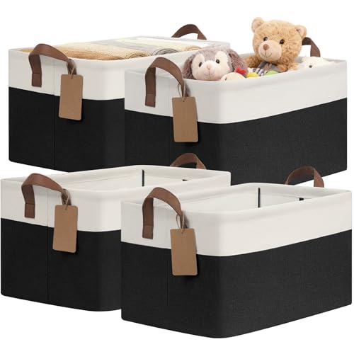 CHICVITA 4 Pack Large Storage Baskets for Shelves, Collapsible Fabric Storage Bins with Metal Frame Handles, Decorative Closet Organizers Bins for Toys, 16.8" x 11" x 9.8", Black & White - color: Black & White, size: 30L (16.8"L x 11"W x 9.8"H)