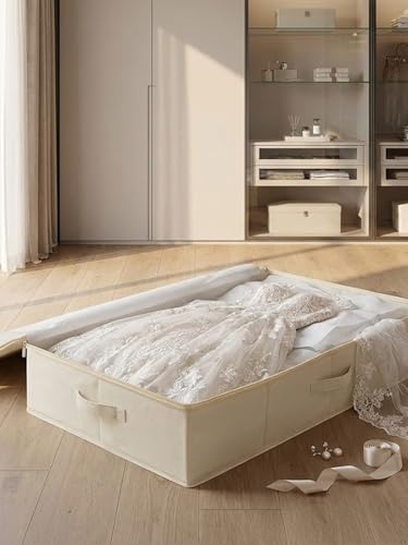 punemi Underbed Wedding Dress Storage Box, Wedding Dress Preservation Keepsake Trunk with Sturdy Zipper and Handles, Large Clothes Storage for Blankets, Pillows, Comforters & Quilts, Beige - color: Beige-2pcs, size: 6.7 inch Tall