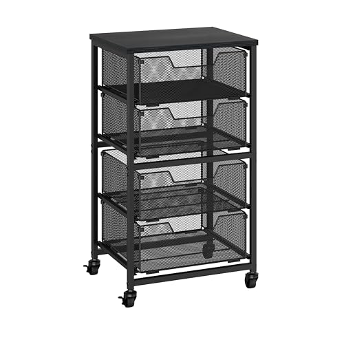 Rolling Cart with Drawers, 4-Drawer Storage Cart on Wheels with Wooden Top, Metal Utility Cart with Storage Drawers, Craft Storage Art Cart for Classroom, Office, Kitchen, Bedroom,Patent Pending - color: Black