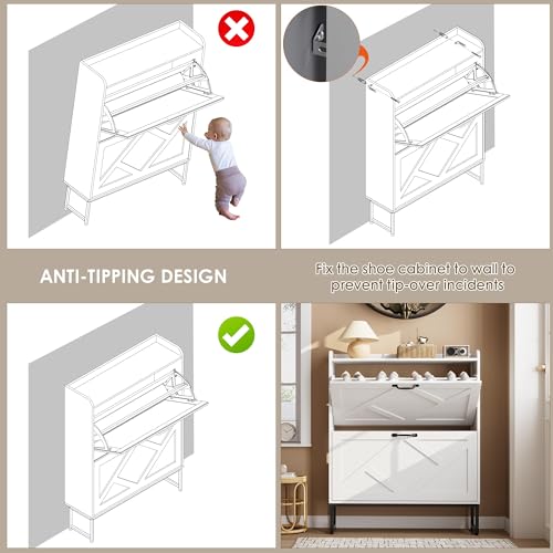 Nicetree Shoe Cabinet with 2 Flip Drawers, Freestanding Shoe Organizer, Shoe Cabinet with Metal Legs, Narrow Shoe Rack Cabinet for Entryway, Foyer, Hallway, White - color: Alabaster, style: 2-Drawers