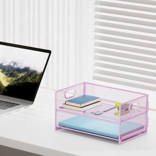 Marbrasse 2 Tier Paper Organizer Letter Tray, Mesh File Organizer with Handle, Paper Sorter Desk Organizer for Home Office Supplies - Purple - color: 2 Tier Purple