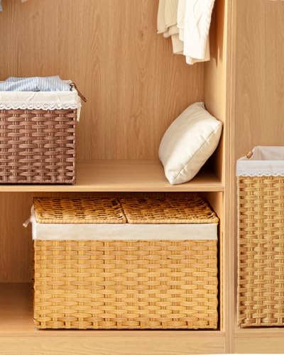 SETVSON Storage Basket with Lid Wicker Baskets for Storage with 2 Separate Lid 42.3 Gallon (160 L) 29.9 x 17.3 x 18.1 Inches Rattan Woven Large Wicker Basket with 2 Liners for Bedroom Laundry Natural - color: Natural, size: 160L-29.9L*17.3W*18.1H