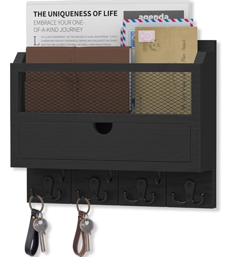 Nekon Mail Organizer with Drawer for Wall, 12"W x 10"H x 3.1"D Mail Sorter Wall Mounted, Wooden Key Holder Wall File Organizer Letter Sorter for Letter Magazines (Black) - color: Black