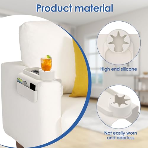 Sofa Armrest Organizer Tray with Cup Holder and Side Pockets, Non-Slip Silicone Caddy for Drinks Remote Control Phone Snacks, Living Room Couch Arm Storage(White) - color: White
