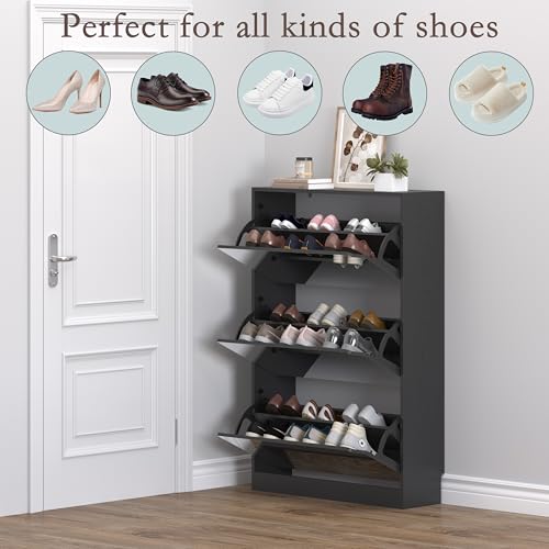 BORNOON Shoe Cabinet with 3-Flip Mirror Drawers, Freestanding Shoe Rack Organizer with Hidden Handle, Slim Narrow Shoe Storage Cabinet for Entryway, Entrance, Hallway, Bedroom - color: Black, size: 3-Drawer with Mirror