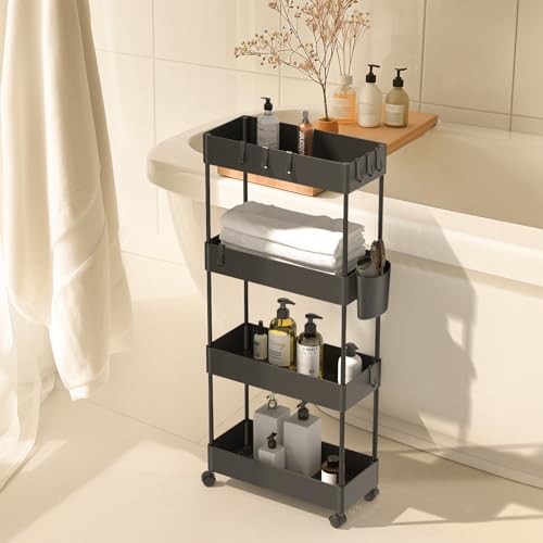 Pipishell Slim Storage Cart with Wheels - Bathroom Cart Organizer Storage, 4 Tier Rolling Carts for Bathroom, Laundry Room, Kitchen, Narrow Space, Black PIUC05 - color: Black, size: 4-Tier