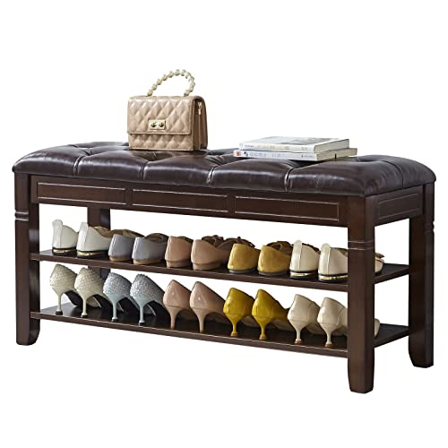LEILISI Shoe Bench, Storage Rack Organizer with Cushion 2 Tier Lift Top Shoe Rack for Entryway Living Room Bedroom Hallway Wooden Furniture (Brown, 39.4'') - color: Brown, size: 39.4