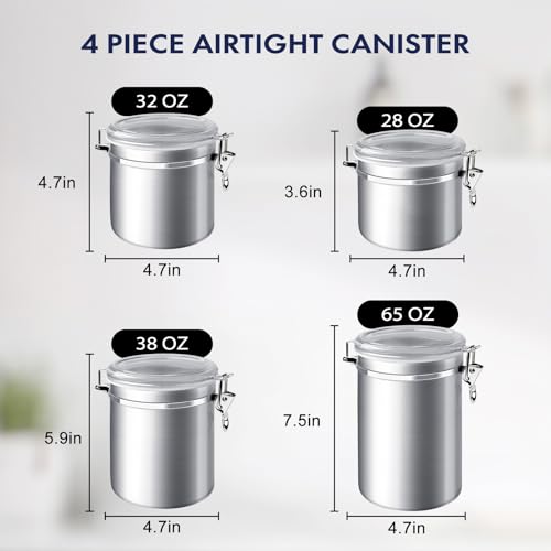 ENLOY 4-Piece Stainless Steel Airtight Food Storage Canister Set with Clear Lid, Containers Sets for Kitchen Counter for Sugar, Flour, Tea, Candy, Cookie, Spice, 28/32/38/65 oz - size: Small