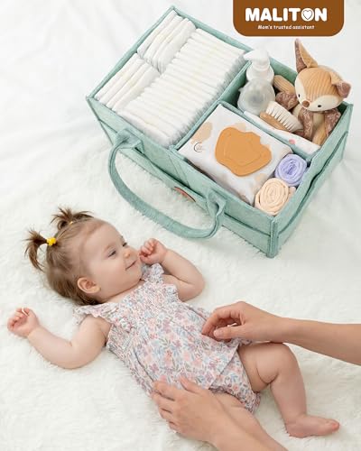 Maliton Baby Diaper Caddy, Nursery Storage Bin & Car Organizer with Handle, Large Felt Bag for Newborn essentials Boy or Girl, Changing Table Organizer for Baby Stuff, 15" x 9" x 7"Baby Shower Basket - color: green, size: Large