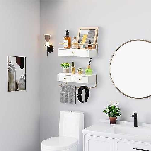 Dreampossible Floating Shelves With Drawers Set of 2, Wall Mounted Bathroom Storage, Rustic Wood Shelves for Bedroom, Living Room, Kitchen, Home Decor, Plants, Books (White) - color: White, size: 13.8 Inch Long