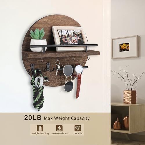 Key Holder for Wall Decorative with Shelf and Hooks, Unique Mail Organizer Wall Mount with Sunglasses Holder, Cute Circular Design Entryway Key Rack Hanger, Rustic Home Decor Boho Wall Decor - color: Brown