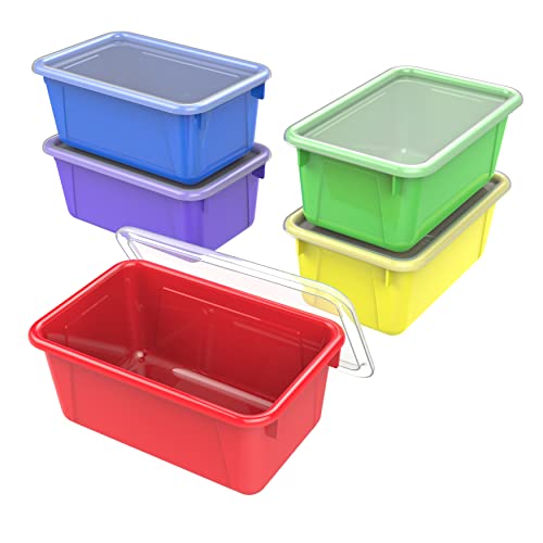 Storex Small Cubby Bins – Plastic Storage Containers for Classroom with Non-Snap Lid, 12.2 x 7.8 x 5.1 inches, Assorted Colors, (62406U05C) (Pack of 5) - color: Assorted Primary Colors, style: Bin with Cover