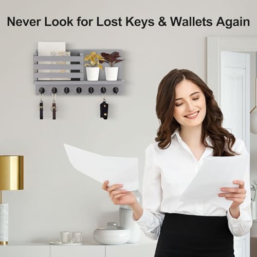 Lwenki Key Holder for Wall – Decorative Wooden Mail Holder and Key Shelf with Mounting Hardware, Installation Guide – Paulownia Wood with Metal Key Hooks (Gray, Extra Large - 15.6inch) - color: Gray, size: Extra Large - 15.6inch