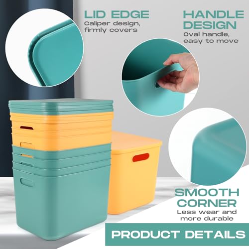 Hoolerry 8 Pieces Colorful Storage Bins with Lid, Plastic Storage Basket Organizing Container Stackable Box with Handle for Shelves Desktop Playroom Office(14.2 x 10.2 x 9.5 Inch,Green and Yellow) - color: Green and Yellow, size: 14.2 x 10.2 x 9.5 Inch