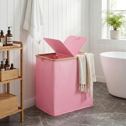 efluky Laundry Hamper with Lid, Double Laundry Hamper with 2 Removable Bags, 2 Section Laundry Basket with Bamboo Handles for Bathroom, Bedroom & Laundry Room (Pink, 140L Dual) - color: Pink, size: 140L Dual
