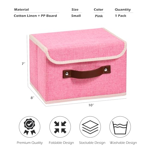 Storage Boxes with Lid Cotton Linen Fabric Storage Bins Organizer Container Decorative Collapsible Washable Shelf Baskets Faux Leather Handles for Home Bedroom Closet (Pink, Small) - color: Pink, size: Small (Set of 1)