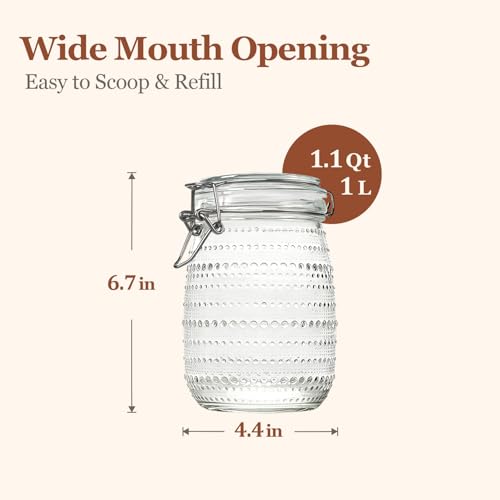 ComSaf 34oz / 6 Pack Glass Food Storage Jars with Airtight Lids, Vintage Hobnail Pattern Wide Mouth Canister Set for Pantry Organization, 1000ml Clear Containers for Coffee, Beans, and Snacks - size: 34oz/6pcs
