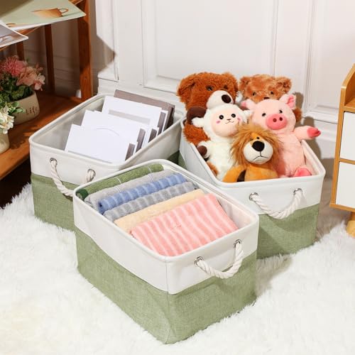 meekoo 8 Pack Collapsible Storage Bins Fabric Storage Bins Polyester Fabric Baskets with Handles Linen Closet Organizer for Shelf Home Closet Towels Toys(15 x 11 x 9.5 in,Green White) - color: Green White, size: 15 x 11 x 9.5 In