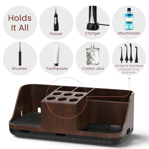 Boperzi Bathroom Counter Organizer for Vanity & Sink Storage: Detachable Electric Toothbrush and Toothpaste Holder, Water Flosser Holder, Bathroom Decor and Accessories Organization Set(Walnut Black) - color: Walnut/Black