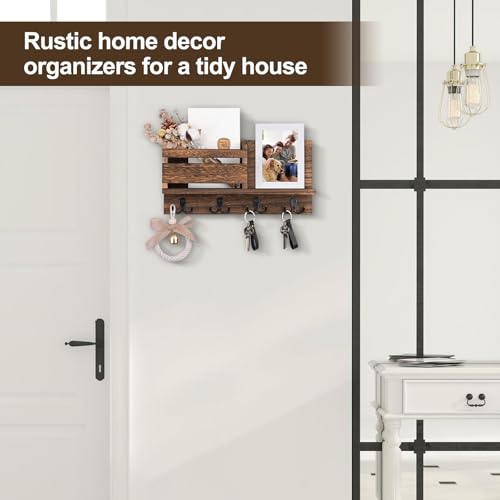 Key and Mail Holder for Wall Decorative - Rustic Mail Organizer Wall Mount, Wooden Letter Sorter Organizer with 4 Key Rack Hooks for Hallway Kitchen Farmhouse Decor (Brown) - color: A - Brown