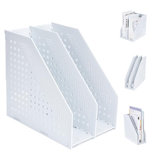 FRETONBA Collapsible Magazine File Holder with 2 Vertical Compartments Foldable Binder Holder for Desk Binder Storage Organizer Plastic Magazine Holders for Shelf, Light Gray - color: Light Grey, size: 2 Compartments - 1Pcs