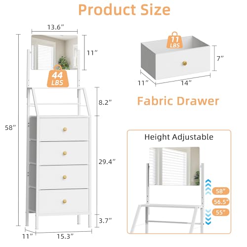 HIGDBFE 4-Drawer Dresser with Mirror, Vanity with 2-Tier Shelves, Fabric Chest of Drawers for Small Space, Vertical Storage Cabinet for Bedroom, Nightstand Bedside Table Furniture, White, 15.3" W - color: White