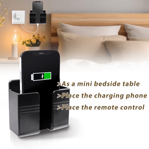 2 Pcs Wall Mount Phone Holder with 3M Adhesive Phone Stand with Data Cable Receiving Hole, Charger Remote Control Storage Box for Bedroom, Kitchen, Bathroom, Office (Black) - color: Black
