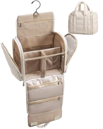 BAGSMART Toiletry Bag for Women with Hanging Hook, Puffy Water-resistant Makeup Cosmetic Bag for Accessories, Shampoo, Full-size Container, Toiletries, Beige - color: Beige