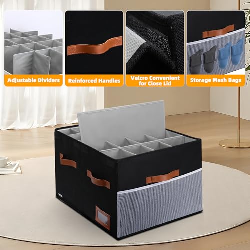 Supowin Shoe Organizer for Closet, Foldable Shoe Storage Bins with Lid & Adjustable Dividers, Fabric Shoe Box Storage Containers with Four Reinforced Handles, Fits 20 Pairs, 1 Pack, Black - color: Black, size: 26"L x 17"W x 13"H