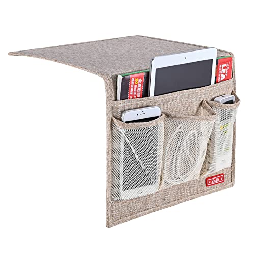 Zafit Linen 4 Pockets Bedside Caddy, Bedside Storage Organizer for Magazine, Remotes, Phone (Beige, Classic 4 Pockets) - color: Beige, size: Classic 4 Pockets