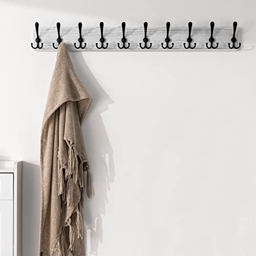 SKOLOO Coat Rack Wall Mounted - 38.3'' Long, Wooden, Heavy Duty, Rustic Coat Hooks for Wall, Wall Coat Rack with 10 Triple Hooks for Hanging Clothes, Jacket, Hat(Weathered White) - color: White Plate & Black Hook, size: 1 Item-10 Hooks