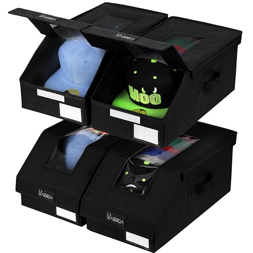 VAESIDA Hat Organizer for Baseball Caps, 4 Pack Hat Storage Box, Holds up to 56 Caps, Baseball Cap Organizer for Closet/Shelf, Hats Box Holder | Stackable, Foldable, Easy-Access, Clear Lid, Black - color: Black