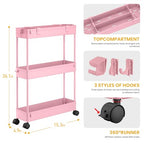 SPACELEAD Slim Storage Cart 3 Tier,Bathroom Organizer Rolling Utility,Mobile Shelving Unit Slide Out for Office, Kitchen, Laundry Room & Narrow Places,Pink - color: Pink