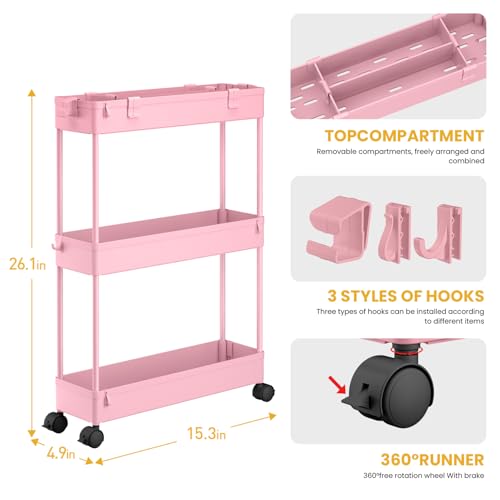 SPACELEAD Slim Storage Cart 3 Tier,Bathroom Organizer Rolling Utility,Mobile Shelving Unit Slide Out for Office, Kitchen, Laundry Room & Narrow Places,Pink - color: Pink