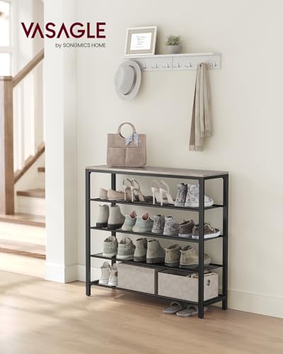 VASAGLE INDESTIC Shoe Rack, Organizer for Closet with 4 Mesh Shelves and Large Top for Bags, Entryway Hallway Shelf, Steel Frame, Industrial, Greige and Black ULBS015B02, 11.8 x 39.4 x 36.4 Inches - color: Greige, size: 5 Tiers (39.4"W)