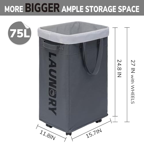 Goodpick Hamper with Wheels, 2-Pack 75L Foldable Laundry Baskets with Removable Wash Bags, Dirty Laundry Basket for Corner Dorm,Grey - color: Grey 2-Pack