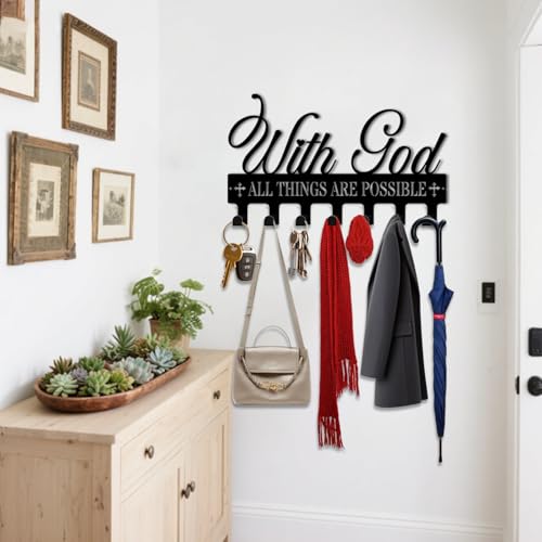 Key Holder Wall Mount, with God All Things are Possible Sign, Key Holder Wall for Wall Decorative with 6 Hooks, Organizer Rack Hanger for Entryway, Front Door, Hallway, Office 9.8 inches - color: With God All Things are Possible