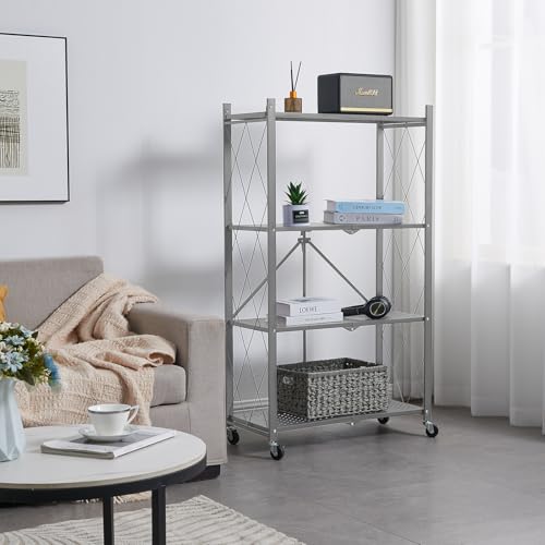 BRIAN & DANY 4-Tier Foldable Storage Shelves with Wheels, Folding Metal Rack Shelving Unit, Heavy Duty No Assembly Organizer Shelf for Garage, Kitchen, Basement, Pantry, Gray - color: Grey, size: 4-tier