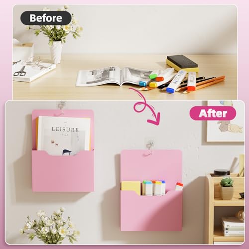 Marbrasse 2 Pack Magnetic File Holder - Paper Holder, Pocket Organizer,Hanging Wall File Organizer Office Supplies Storage, Magazine Mail Organizer Case for Notebooks,Planners,Letter (Pink) - color: Pink Holder-2L