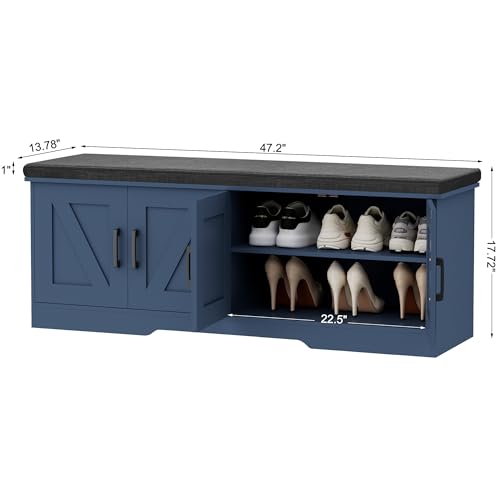 HOMSHO 2-Tier Storage Bench, 47.2" Wide Shoe Bench with Padded Seat Cushion, Entryway Bench with 4 Barn Doors and Adjustable Shelf, Blue - color: Blue, size: 47.2" Wide
