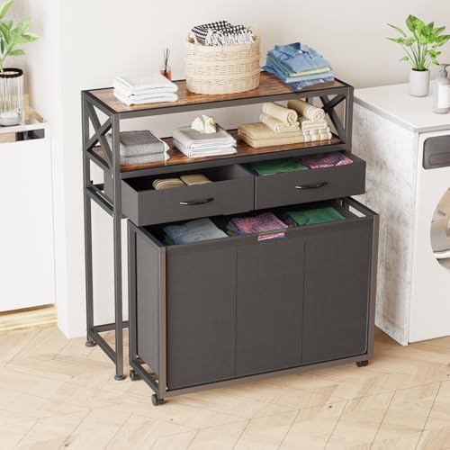 Laundry Hamper 3 Section, 150L Rolling Laundry Sorter Basket with 2 Shelves and 2 Drawers, 3 Compartment Clothes Organizer Cart with Wheels, Pull-Out Bags for Laundry Room, Bathroom, Bedroom - color: Black, size: 150L
