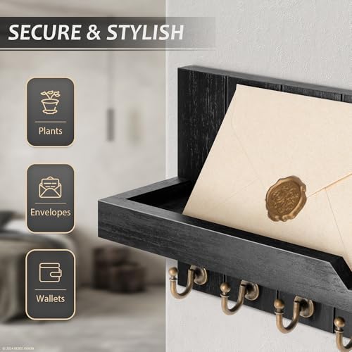 Rebee Vision Decorative Key and Mail Holder for Wall - Farmhouse 15 Inches Floating Shelf with 7 Sturdy Key Hooks for Home Entryway Wall Decor - Rustic Key Racks (Black,15-inch) - color: Black, size: 15-inch