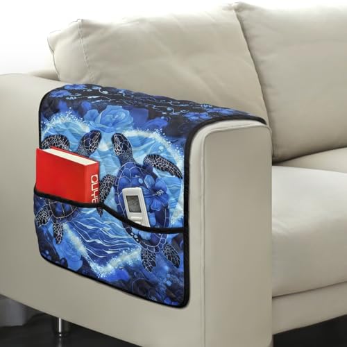 Blue Turtle Hibiscus Heart Print Couch Arm Covers Polyester Sofa Arm Covers with 2 Pocket Storage Anti-Slip Recliner Arm Protector Washable Sofa Armrest Organizer for Dogs Cats Pet - color: Blue Turtle Hibiscus Heart
