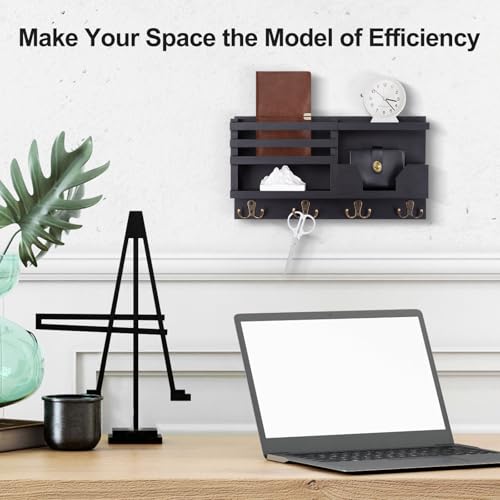 Lwenki Mail and Key Holder for Wall – Decorative 15.9” x 8.7” x 3.2” Entryway Organizer with Shelf – Paulownia Wood with 4 Dual Hooks Includes Mounting Hardware and Installation Guide - color: Black