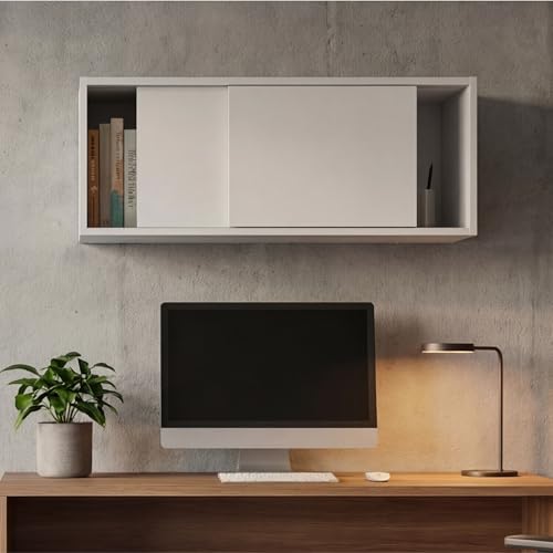 Tuhome Note 32-Inch Wide Wall Mounted Storage Cabinet with Sliding Doors, Compact Hanging Organizer for Bedroom, Living Room, Home Office & Garage | Wood Wall Cupboard, Space-Saving Storage Solution - color: White