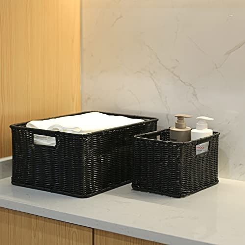 HOONEX Large Wicker Baskets for Storage, Woven Plastic With Dual Handles, Set of 3, Black - color: Black, size: 17"D x 12.2"W x 7.5"H