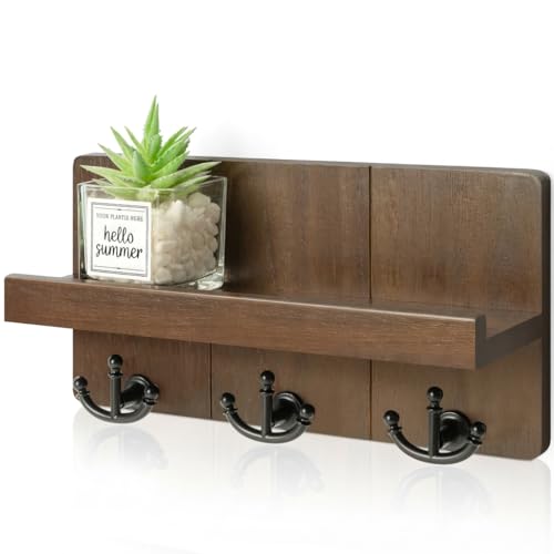 Rebee Vision Farmhouse Key Holder for Wall with Shelf: Decorative Mail Organizer and Key Rack Wall Mount with 3 Anchor Hooks - Rustic Entryway Decor (Retro Brown) - color: Brown