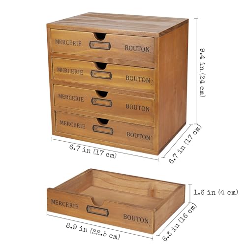 Flexzion Desktop Storage Box with Drawers - Wooden 4 Drawer Organizer Card Catalog Cabinet, No Assembly Required, Pine Wood Vintage Tabletop for Home and Office Accessories - size: 4 Drawer