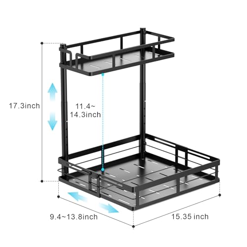 iSPECLE Under Kitchen Sink Organizer, 2 Pack L-Shaped Height Adjustable Pull-Out Cabinet Organizer for Center-Mounted Garbage Disposal & Plumbing, Heavy-Duty Sliding for 30-36 Inch Wide Sink Cabinets - color: Two Black, size: Under Sink